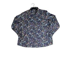 Lands End size 18 shirt button-up navy/purple floral no-iron 100% cotton modest